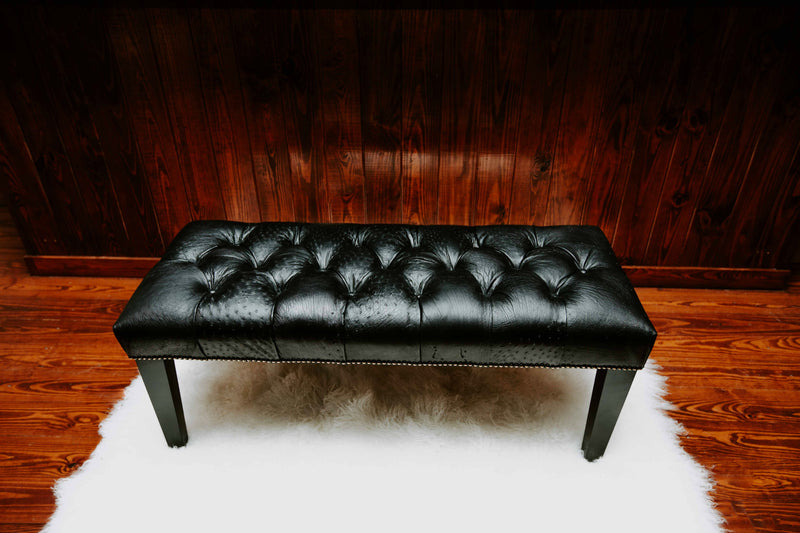 Bench - Black Ostrich Leather with Wood Tapered Leg - Trophy Room Collection 
