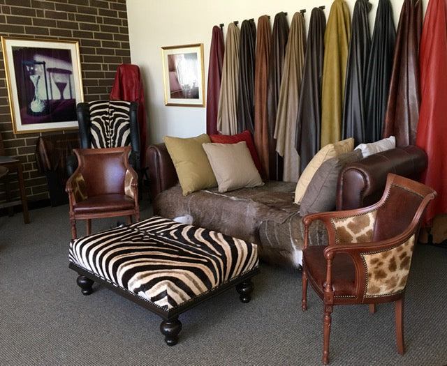 two giraffe chairs with zebra ottoman Biedermeier Giraffe Chair w/ Bovine Leather Trim - Trophy Room Collection