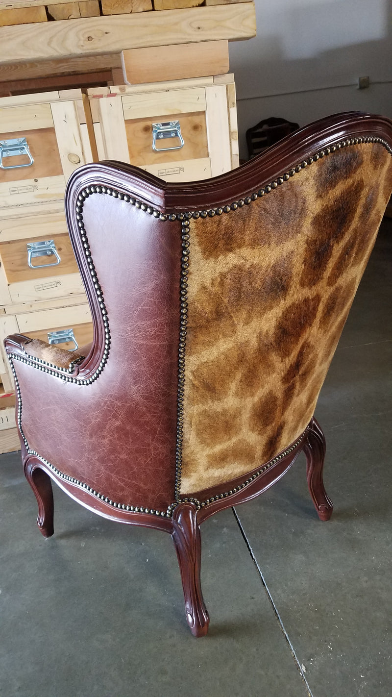 Wing Back Chair in Giraffe & Bovine Leather - Trophy Room Collection 